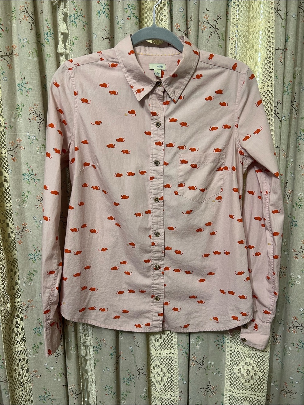 Odille Pink Button-Up Shirt with red mouse Print